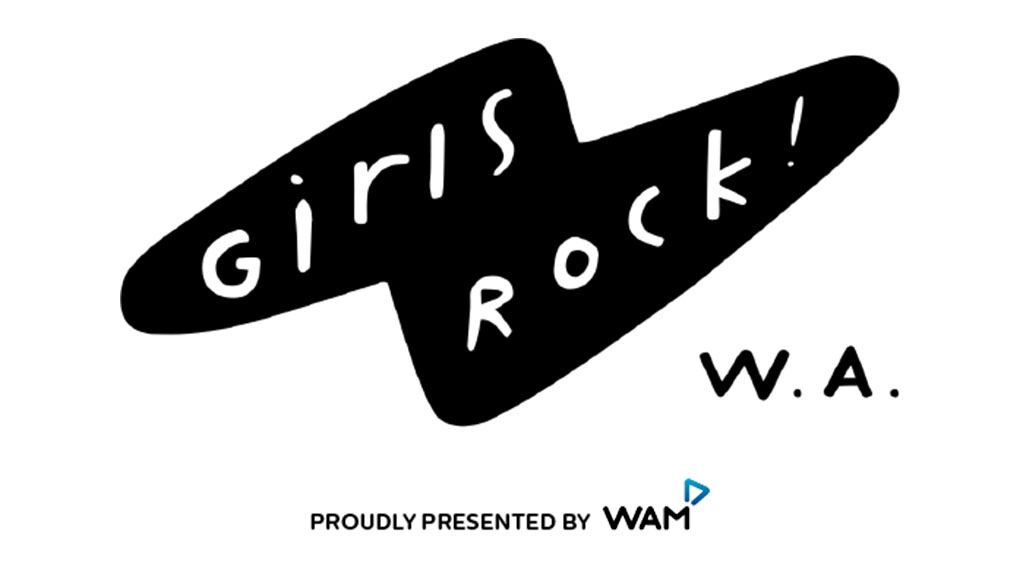 Girls Rock! WA logo with white text on a black guitar pick shape and 'W.A.' in white text on a white background