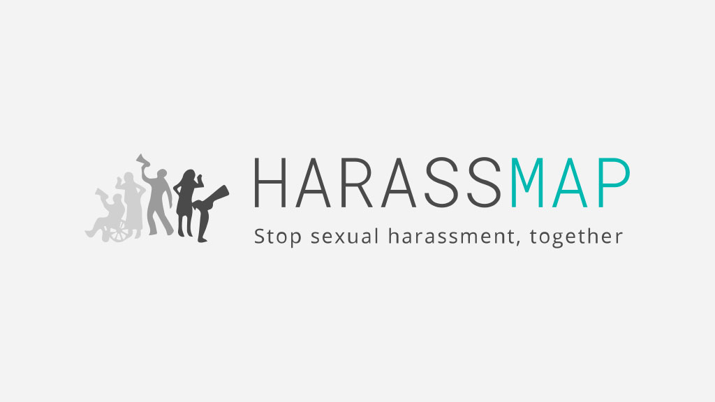 HarassMap logo with black and teal text and an illustration of people in grey on a light background