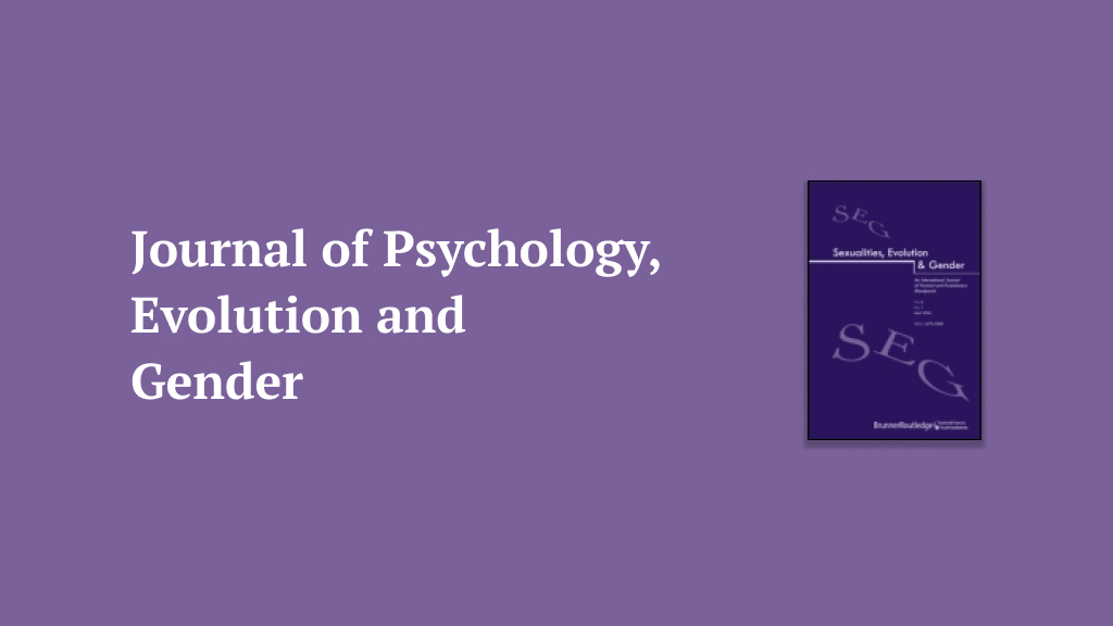 Journal of Psychology, Evolution and Gender logo with white text on a purple background and a small inset of the journal cover