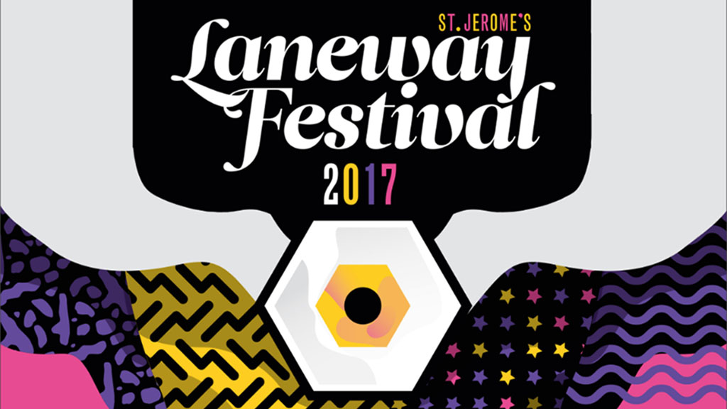 St. Jerome's Laneway Festival 2017 logo with white cursive text and colorful geometric patterns on a black and grey background