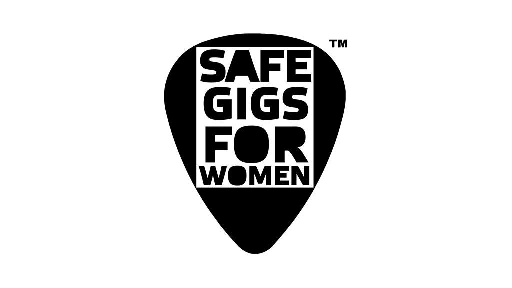 Safer Gigs for Women logo with bold black text inside a guitar pick shape on a white background