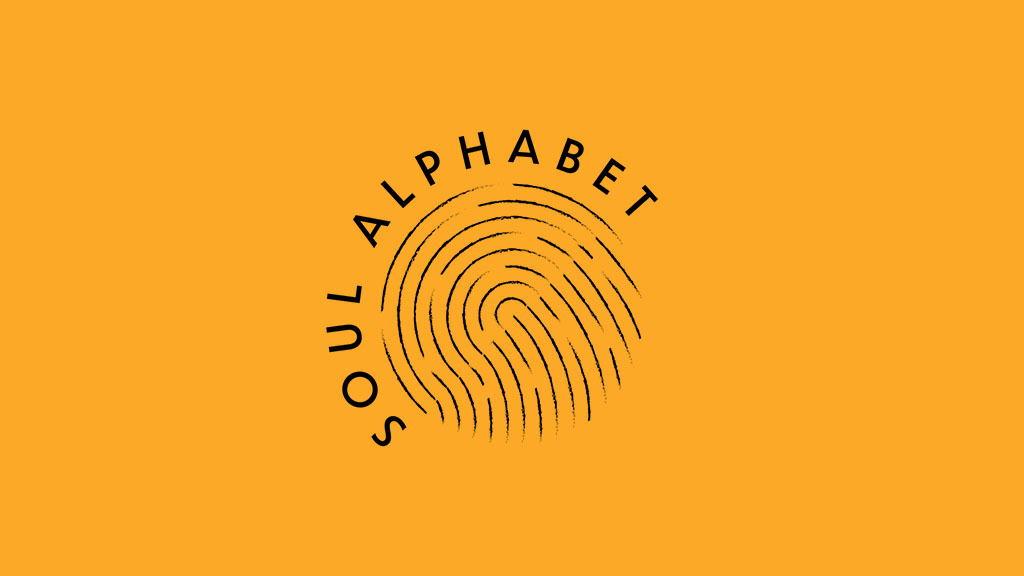 Soul Alphabet logo with black text and a fingerprint design on an orange background