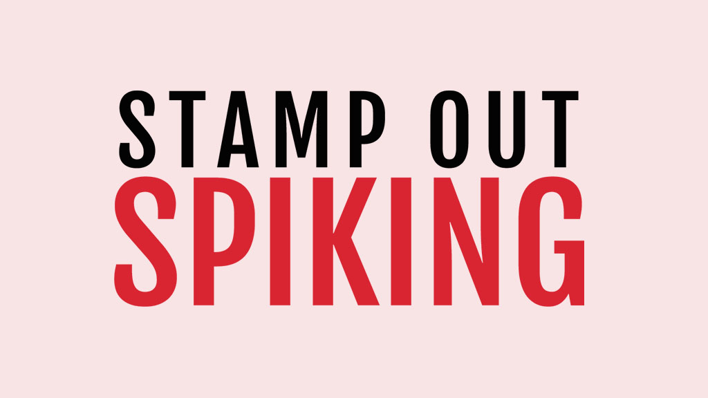 Stamp Out Spiking logo with black and red text on a light pink background