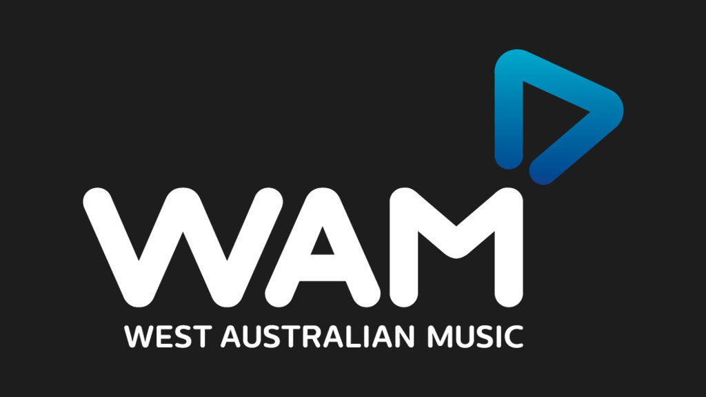 WAM logo with white text 'WAM' and 'West Australian Music' on a dark background, featuring a blue and teal arrow