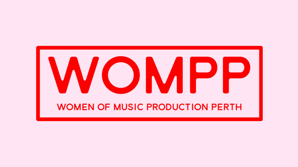 Women of Music Production Perth logo with bold red text 'WOMPP' and in text inside a red rectangle on a light pink background